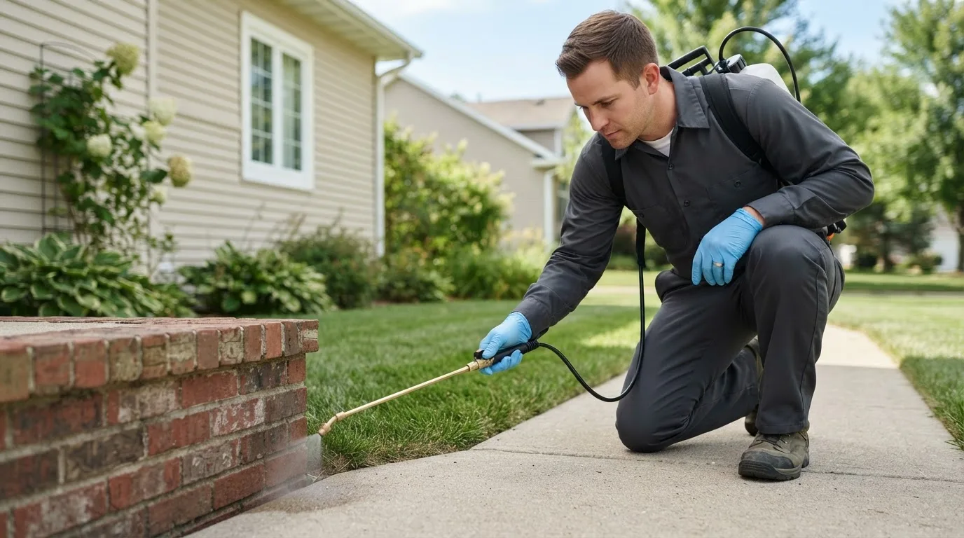 Pest control technician treating a home near Huntley, IL